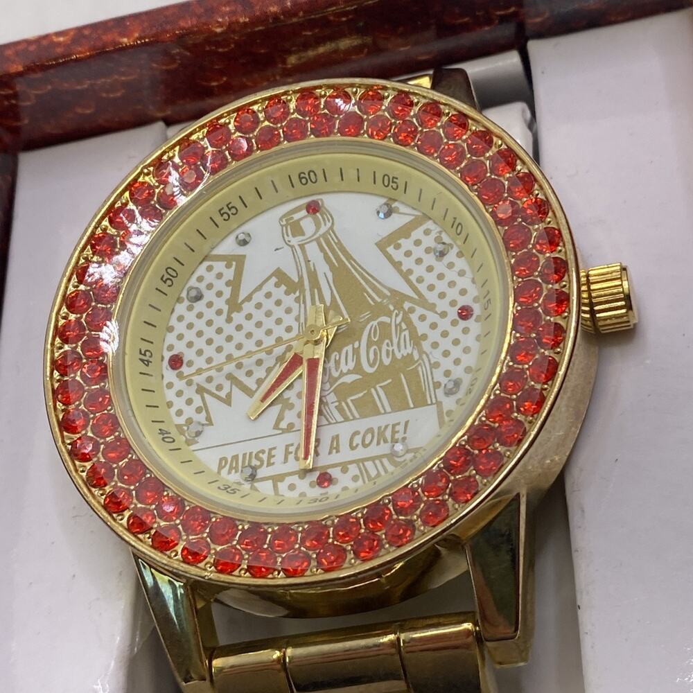 Vintage Coca Cola Womens Gold Red Gem Watch Works New Battery